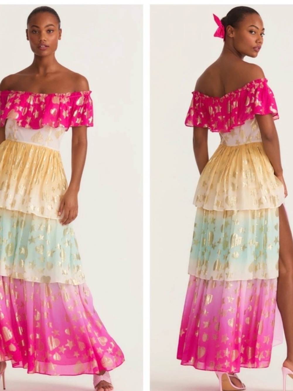 LoveShackFancy Pink and Gold Tiered Ruffle Maxi Dress